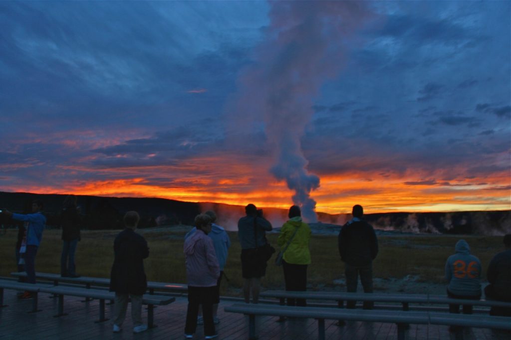 Sunset crowds at Old Faithful